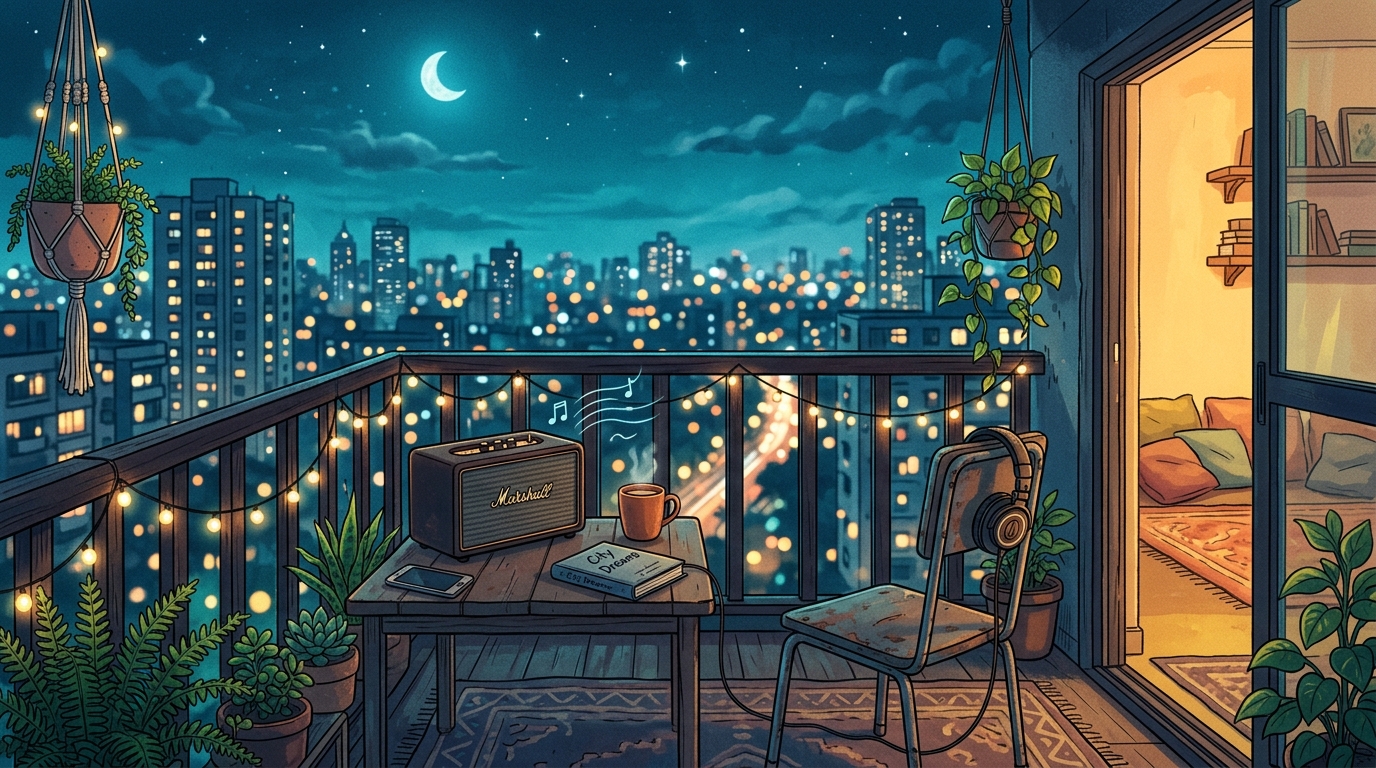 Dreamy lo-fi balcony at night with city skyline, the visual theme of From the Love Begins